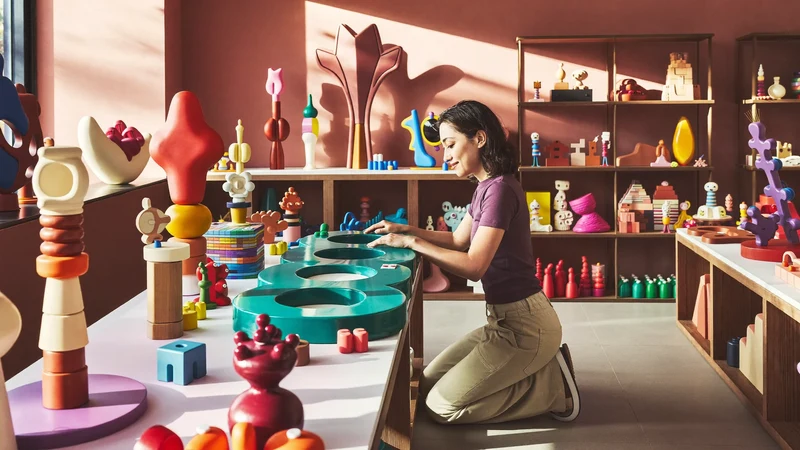 Illustration einer Spielwelt aus Holz, Farbe und klaren Formen