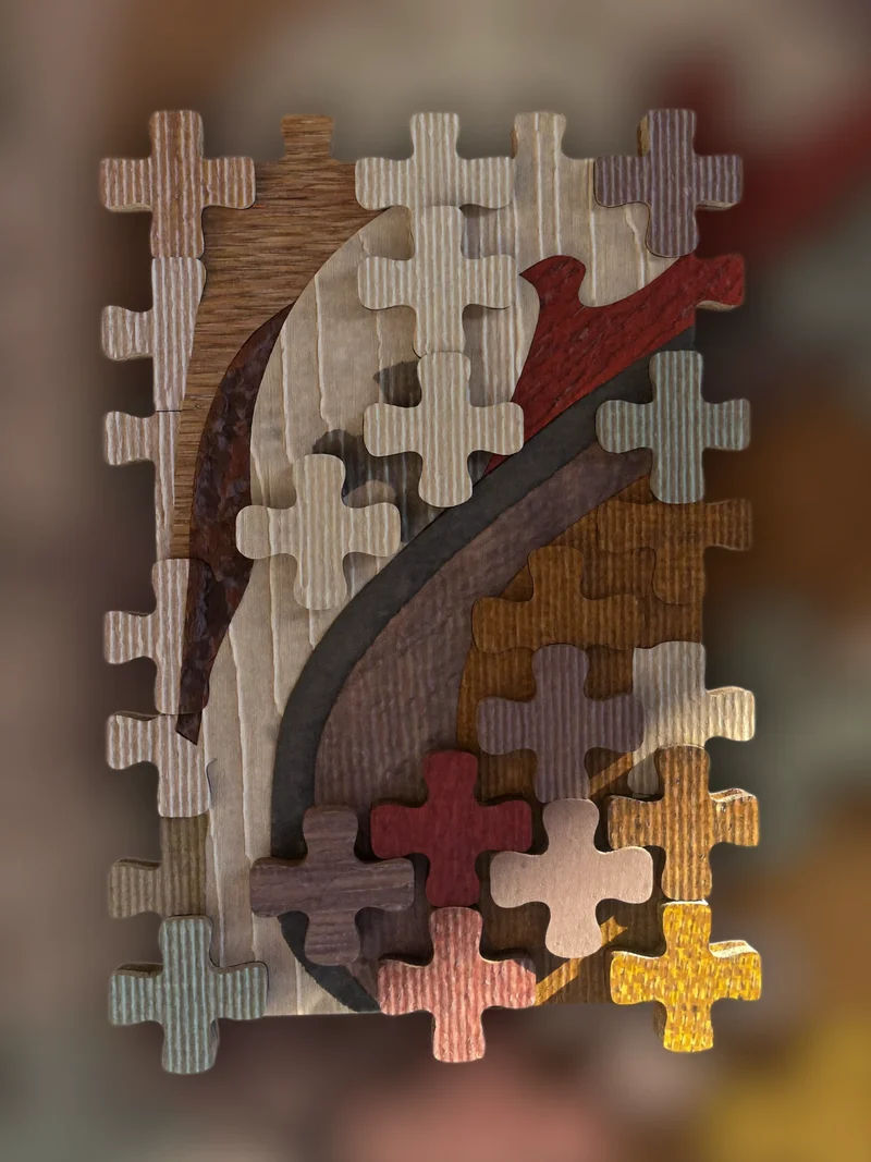 Illustration eines abstrakten Holzpuzzles auf einer Tischfläche